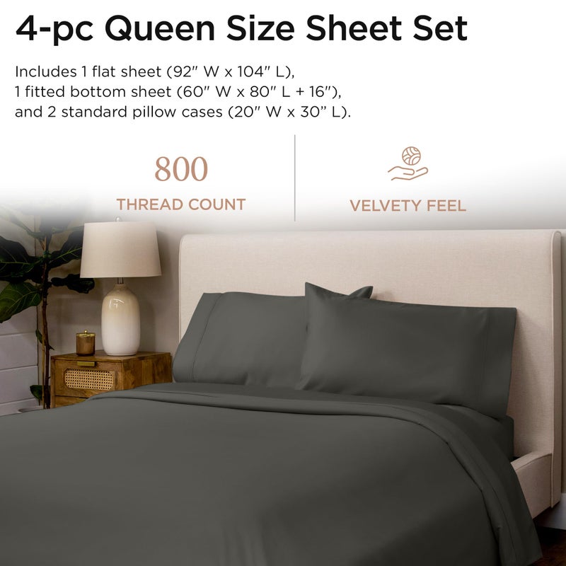 Threadmill Luxury 800 Thread Count Queen 100% Cotton Sheets - Dark Grey Sateen Weave Bed-Sheets, Better Than Egyptian Cotton,4 Pc Solid Soft Bedding Set, Fits 16" Deep Pocket - Image 2